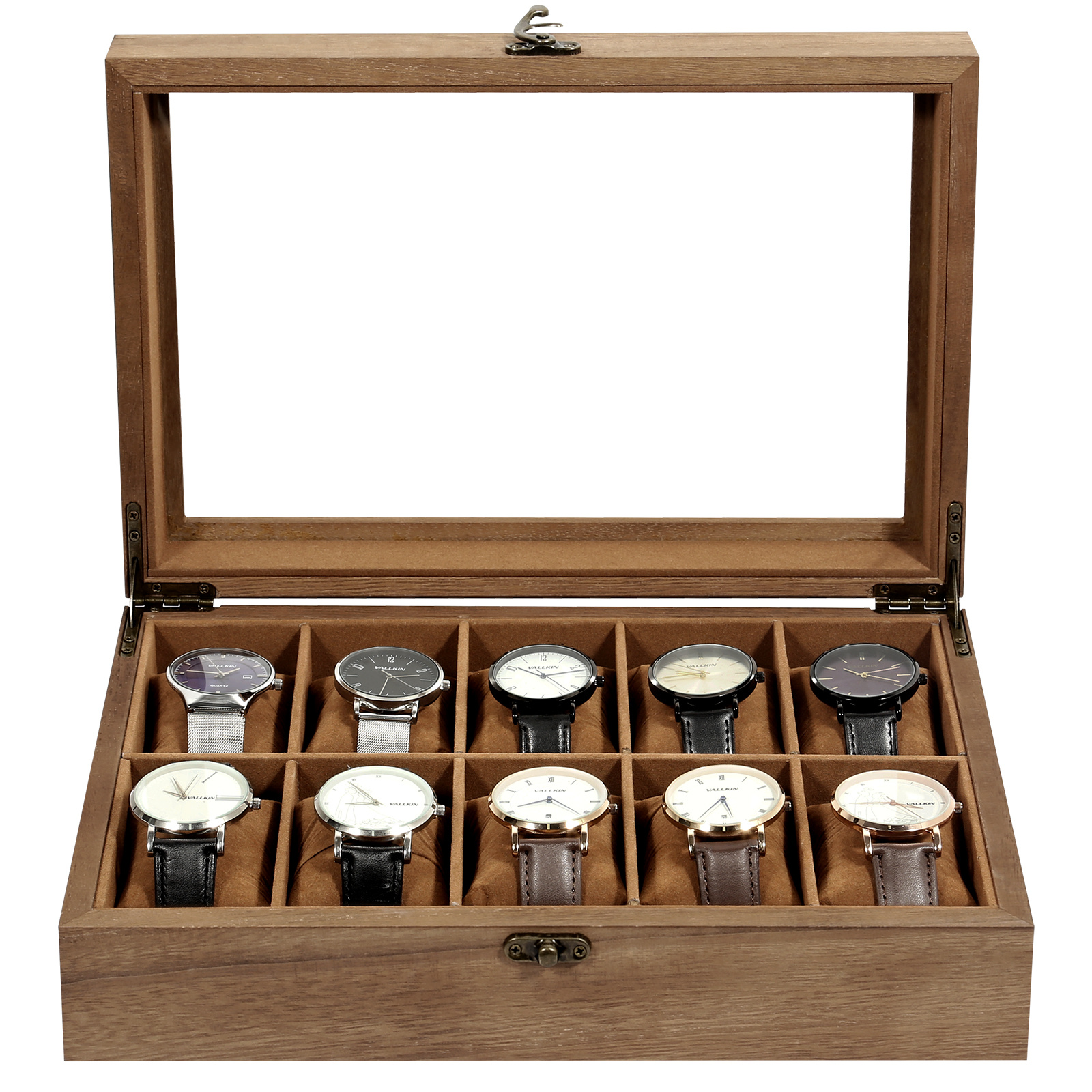 Image of Uten Watch Box With 10 Compartments, Solid Wood, With Glass Lid, Watch Case, Watch Cushion, Gift For Your , Walnut Color