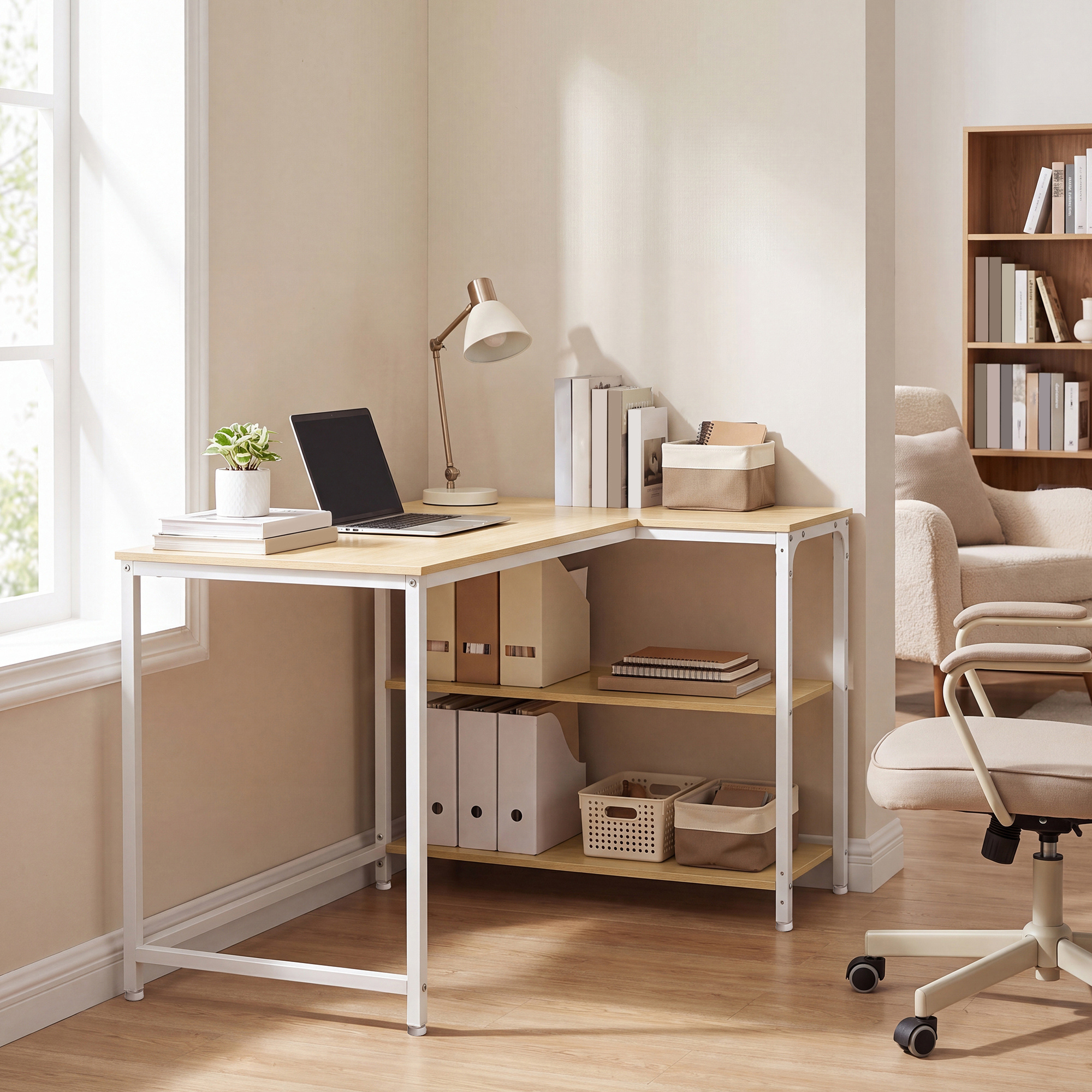 Image of L-shaped Desk With Storage, Height-adjustable Shelf, Office, 110 X 80 Cm, Natural Oak And Matte White