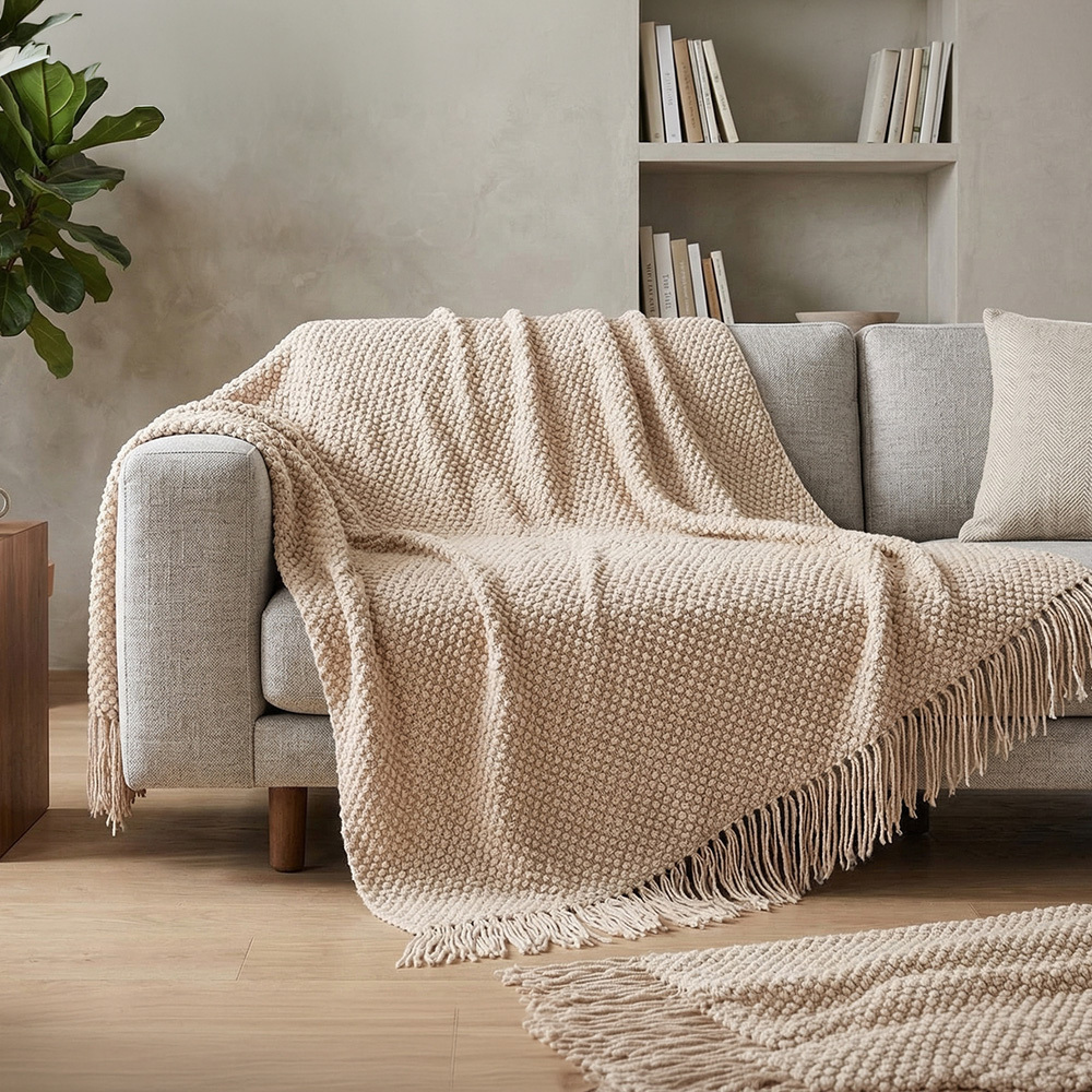 TEMU 1pc High-end Solid Color Corn Pattern Knitted Tassel Throw Blanket, Soft And Comfortable Bed-end Decorative Blanket And Sofa Throw, Machine