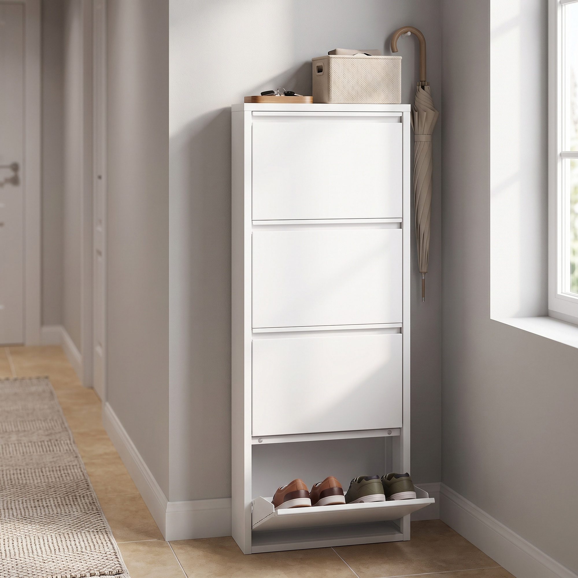 Image of Narrow Shoe Rack With 4 Flaps, Metal Shoe Cabinet, Tall For Hallway, 50 X 15.5 X 149.8 Cm, Matt White