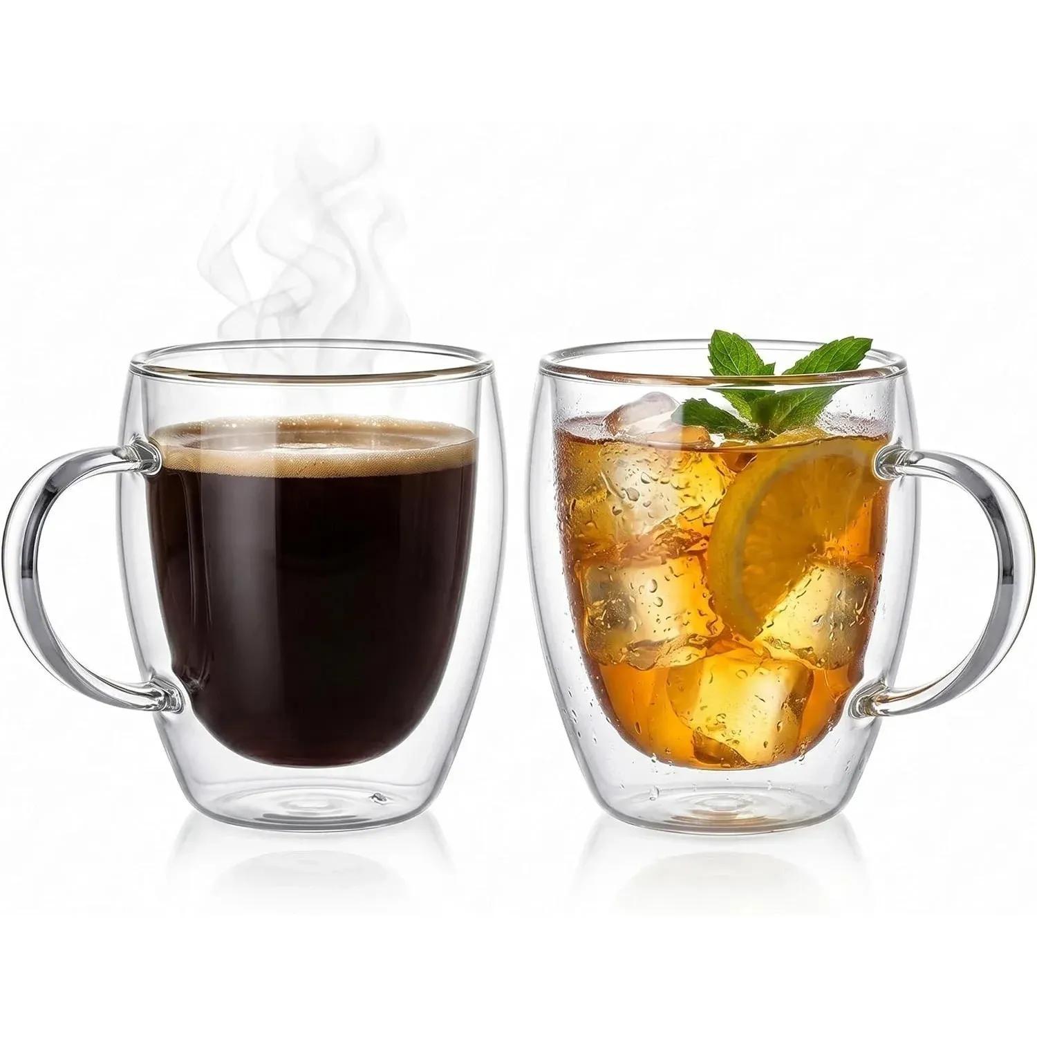 TEMU 2 Pack 350ml Double Wall Insulated Glass Coffee Mugs With Handles, Heat Resistant Clear Glass Cups, Reusable Tea And Coffee Cups For Home,