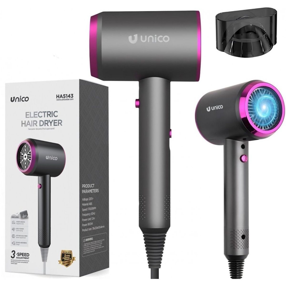 TEMU Secador de pelo profesional Unico de 800 W: potente secador de pelo digital con difusor, secador pelo viaje plegable, 800W secador pelo