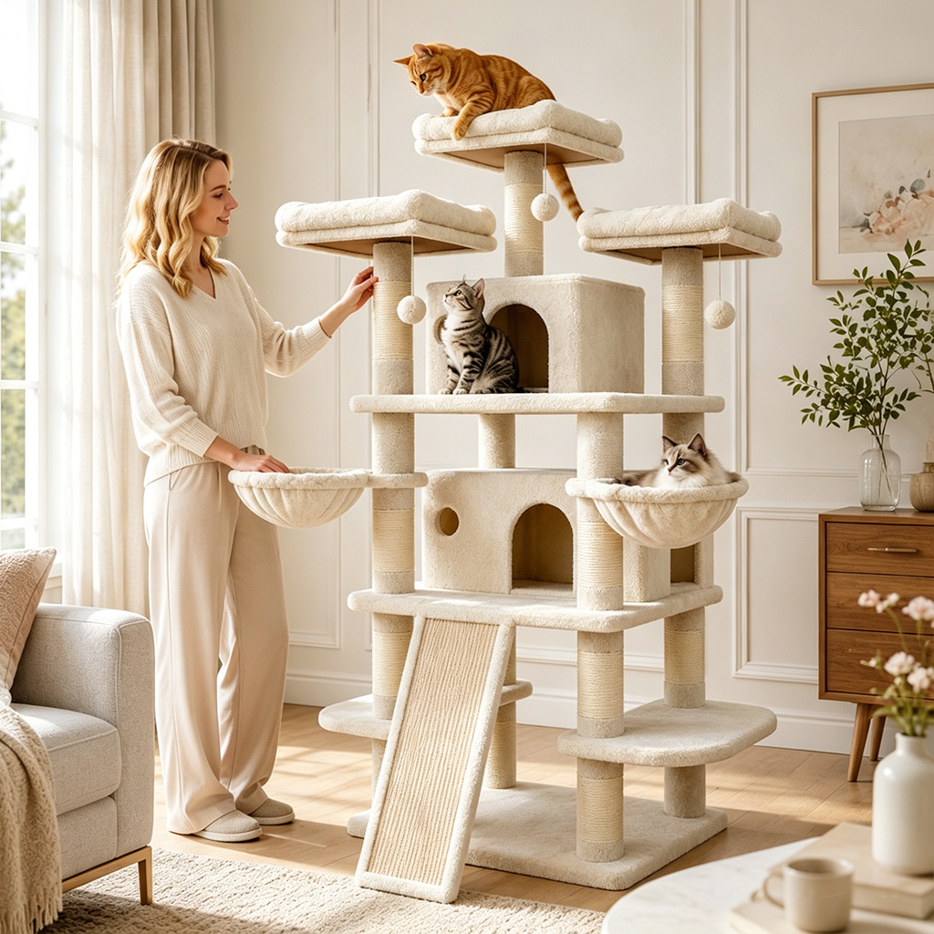 Image of Heavy-duty Cat Tree Tower For Large Cats - Perfect For Apartment Living, Cat Climbing Tower, Pet Furniture, Modern Pet Decor, Plush Pet Furniture，christmas Gift