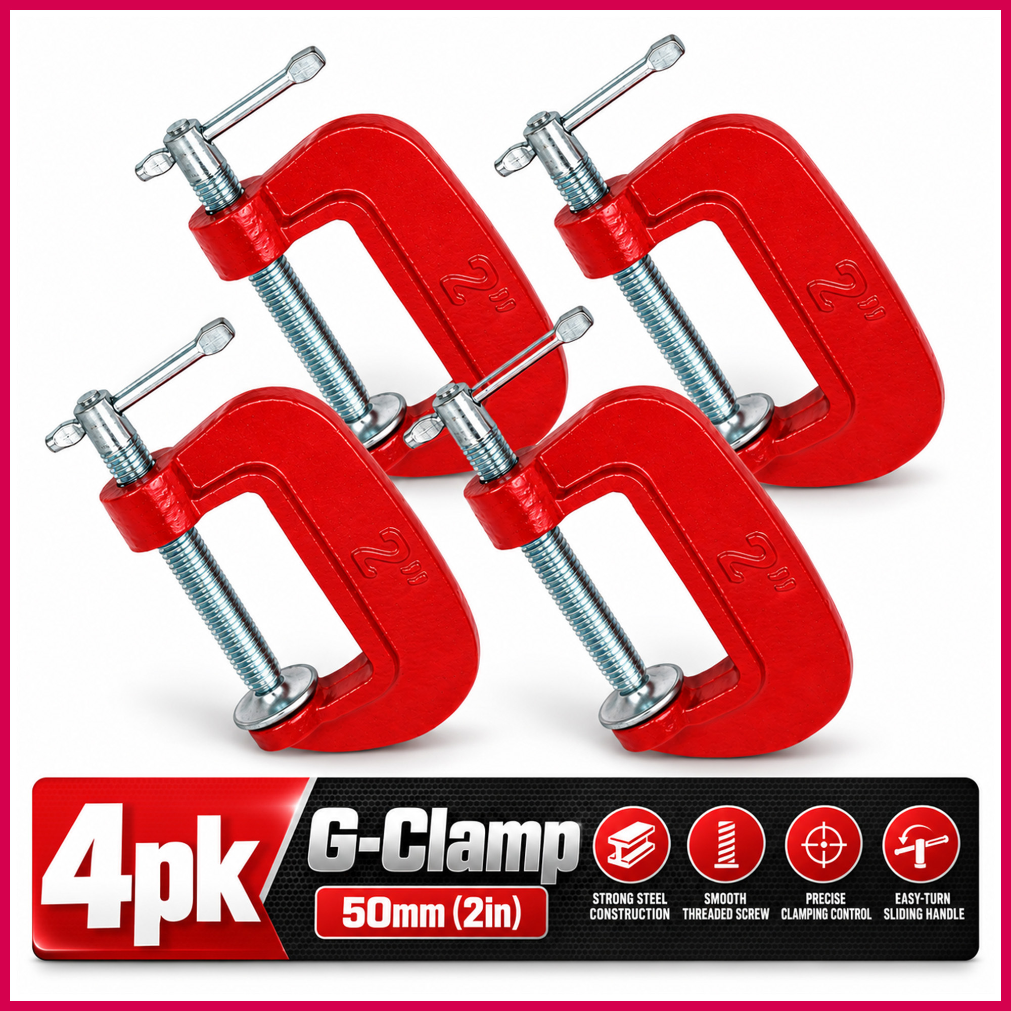 TEMU 4 Pack 50mm G Clamp Set | 2 Inch G Clamps For Woodworking, Diy & Repairs | Metal Screw Clamps With Threaded Steel Screw, Swivel Pressure Pad &