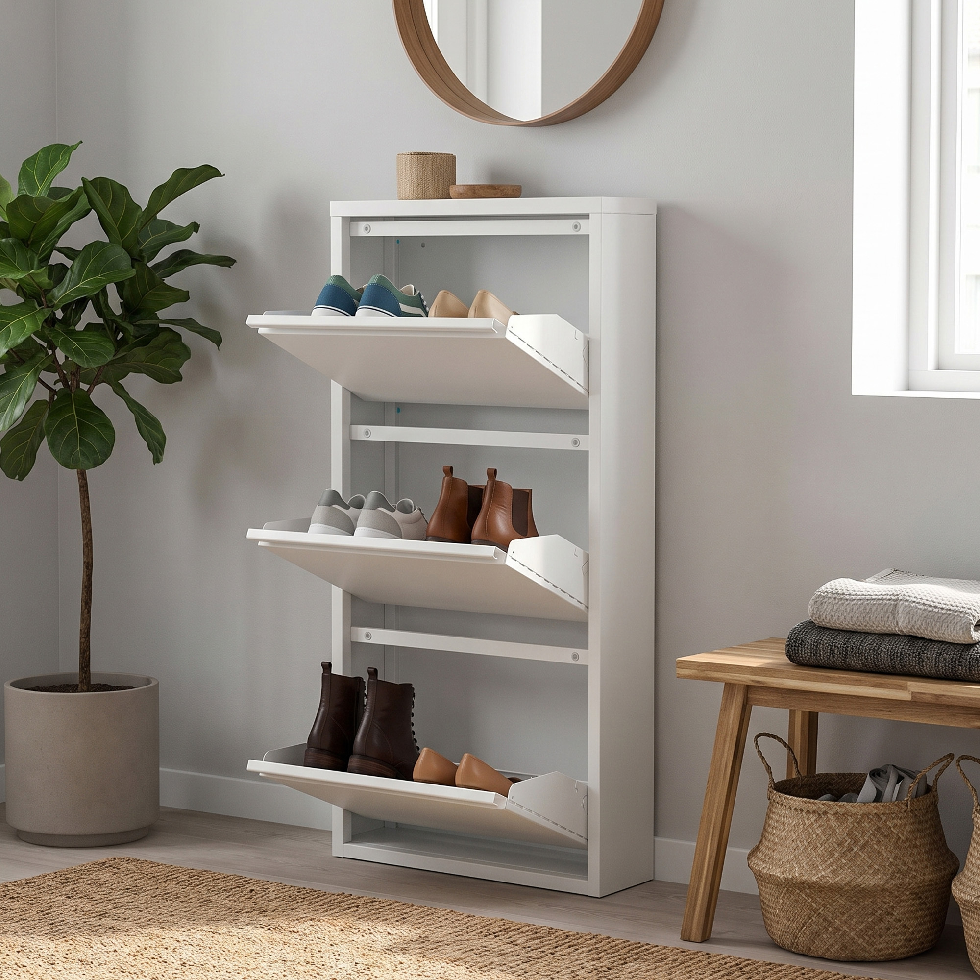Image of Narrow Shoe Cabinet With 3 Flaps, Metal Shoe Rack, Tall For Hallway, 50 X 15.5 X 113.5 Cm, White