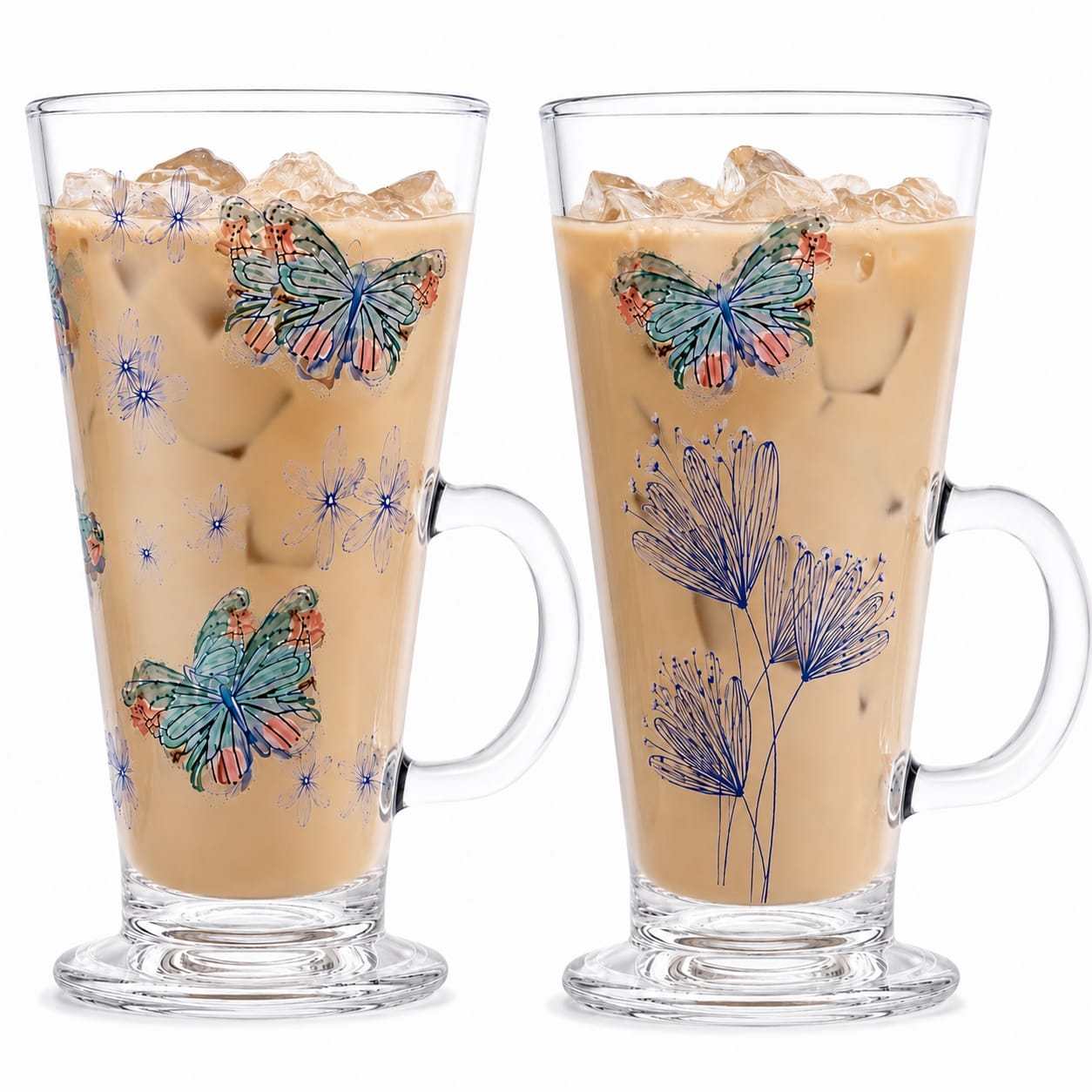 TEMU 2pcs Printed Coffee Glass With Handle 300ml Glass Latte Mug, Clear Latte Cup 7.6 × 6.7 × 14.4cm, Tea & Coffee Mug, 2 Designs