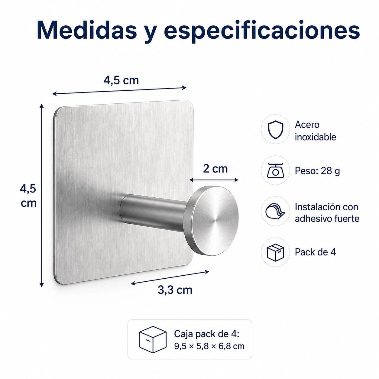 TEMU Pack de 4 Ganchos Adhesivos de Acero Inoxidable, Sin Taladro, Resistentes para Baño y Cocina