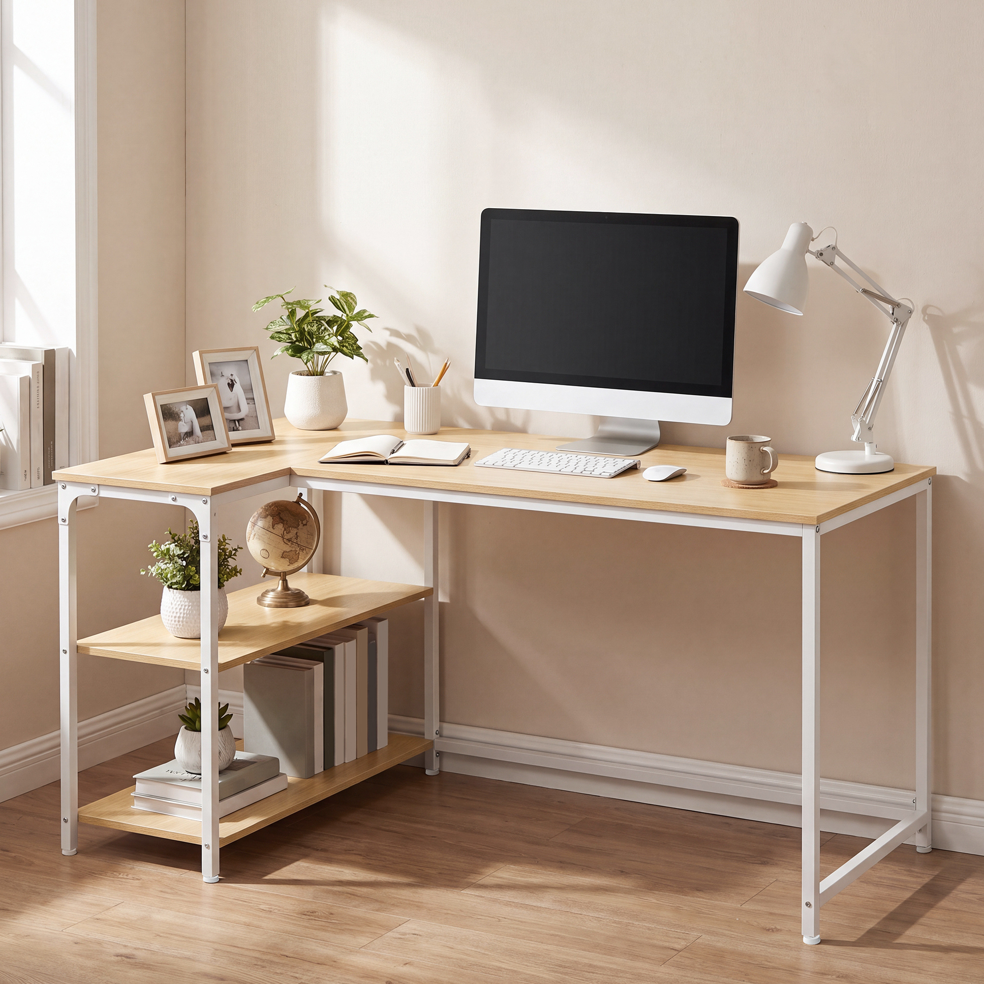Image of Desk With Storage, L-shaped Computer Desk, Height-adjustable Shelf, Office, 120 X 80 Cm, Natural And Matte White