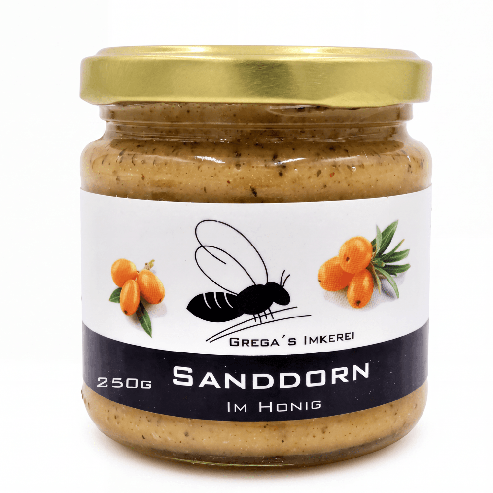 Image of Grega's Beekeeping Sea Buckthorn In Honey 250g - Fruity-herb Honey Specialty Creamy - With Freeze-dried Sea Buckthorn - Handmade In Family Beekeeping From Nrw - For Yogurt, Shakes & Breakfast