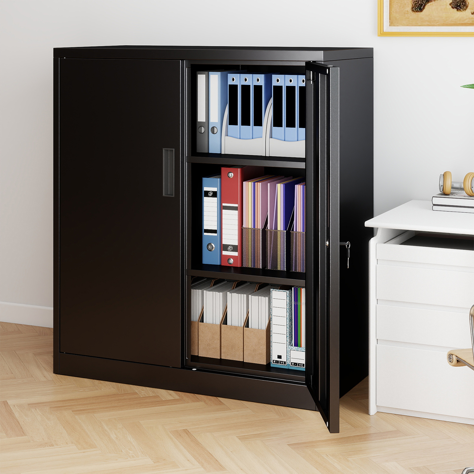 Image of Metal Storage Cabinet With 2 Lockable Doors, Garage Tool Cabinet With 2 Adjustable Shelves, File Pantry Cabinet Steel Storage Organizer For Office, Living Room, Kitchen And School, Black