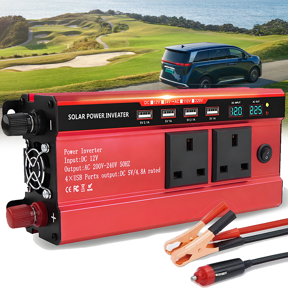 TEMU Car Power Inverter, 12v To 220v Ac Converter, Output With 2 Uk Sockets, 4 Usb Ports & Led Display