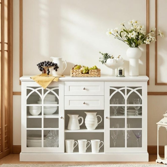 Image of 1-piece Sideboard Kitchen Buffet Cabinet With 2 Glass Doors, 2 Drawers, Large Worktop, And Storage Space For Dining Room, Living Room, Coffee Corner, White, 120x78x39cm, Sobuy Gtc90-x