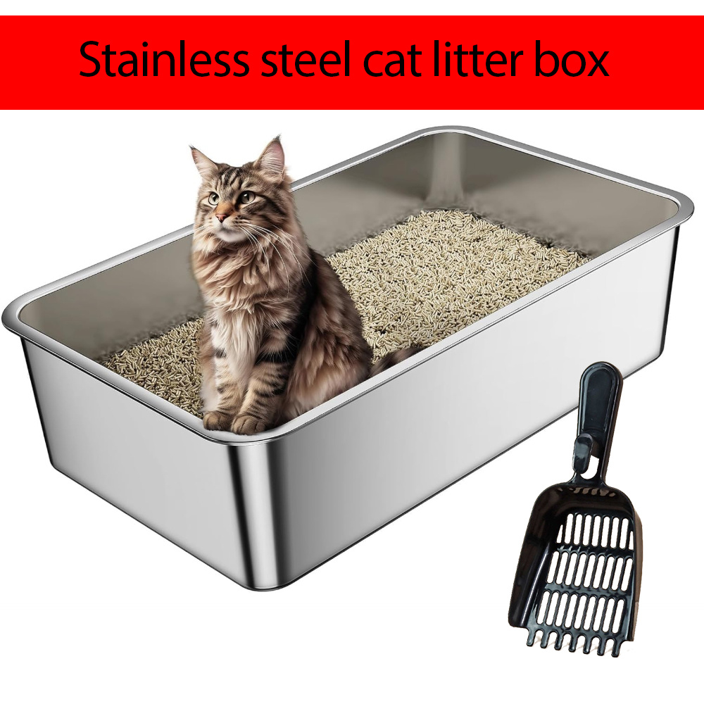 TEMU Extra-large Stainless Steel Litter Box With Scoop, Closed U-shaped, Detachable Litter Box - 60 X 40 X 25 Cm, Suitable For Families With Cats.