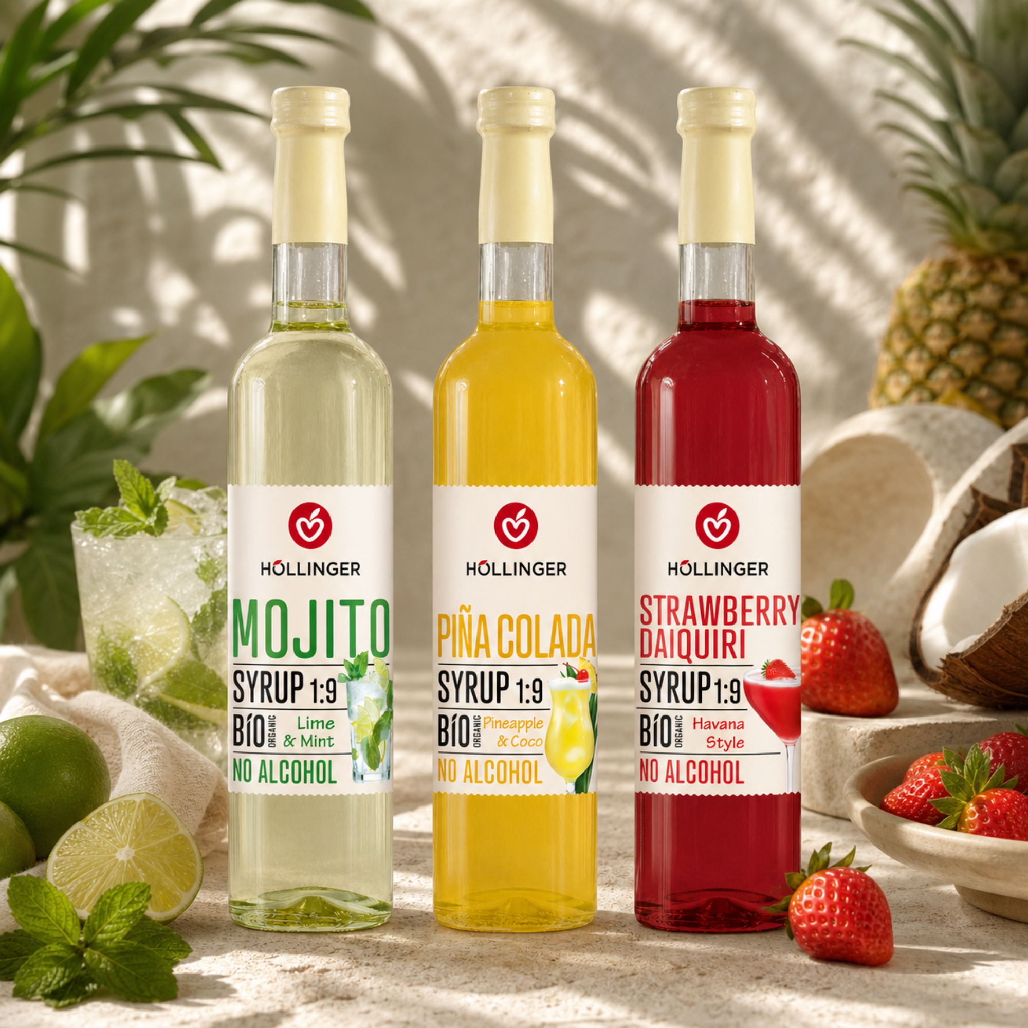 Höllinger Bio Syrup Set 3 × 500 Ml – Mojito, Piña Colada & Strawberry Daiquiri Beverage Syrup