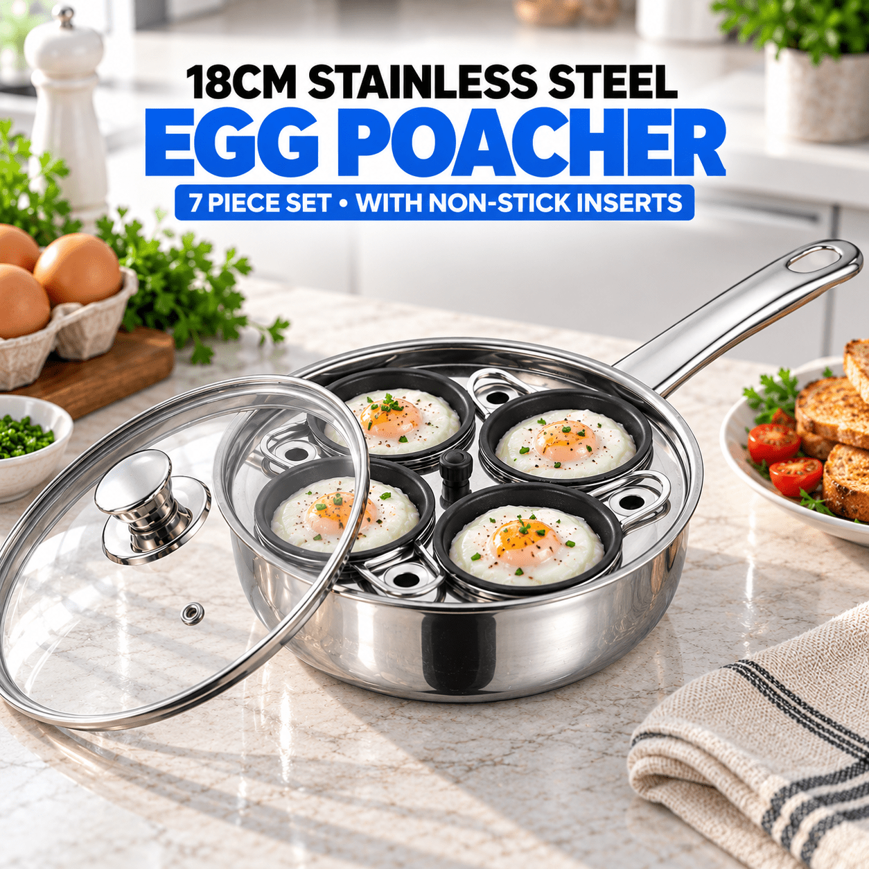 TEMU 18cm Stainless Steel Egg Poacher 7 Piece Set | Non Stick Egg Poaching Inserts | Glass Lid | Egg Poacher & Fry Pan | Kitchen Cookware
