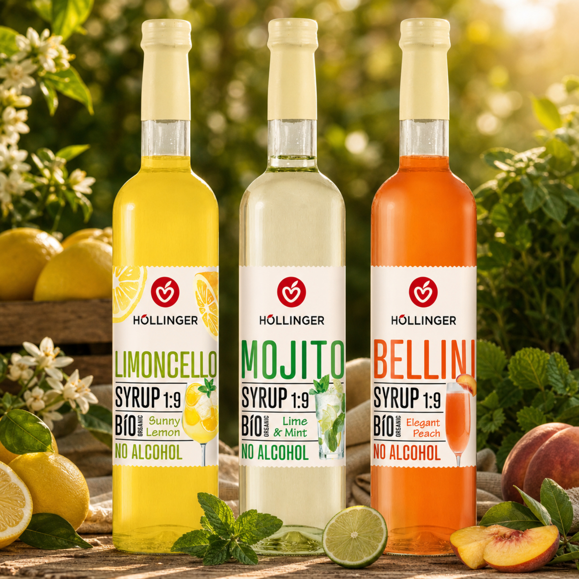 Image of Höllinger Bio Syrup Bundle Mojito, Limoncello & Bellini, 3 × 500 Ml Beverage Syrup