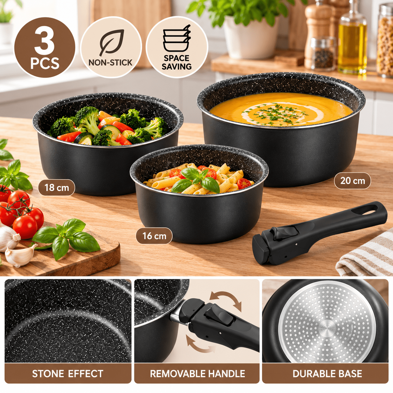 Image of Set Of 3 Casseroles Ø16/18/20 Cm With Removable Handle – Stone Effect Aluminium – Stackable – All Types Of Fires
