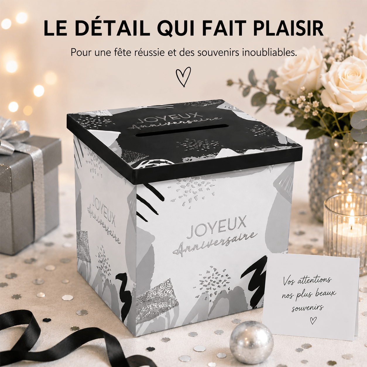 TEMU Urne Anniversaire « Anniversaire » Argentée – Boîte à Cartes, Enveloppes et Messages – Urne de Fête en Carton – Décoration Anniversaire
