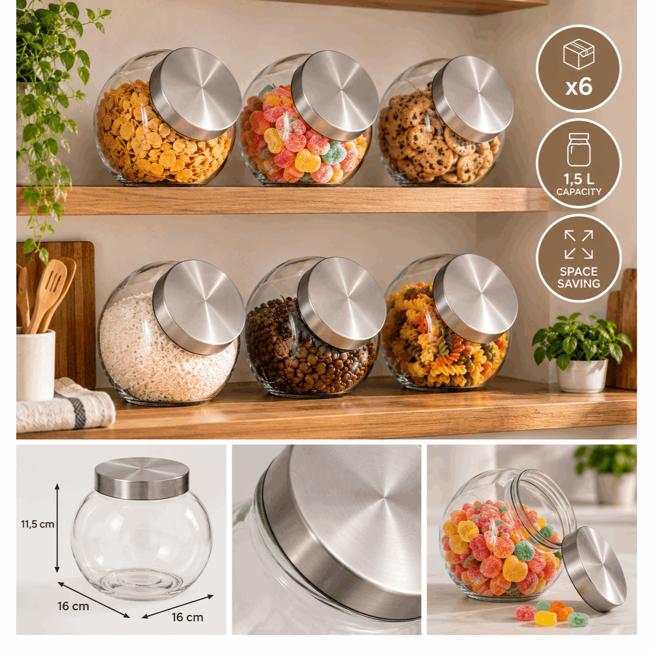 Image of Set Of 6 Glass Jars 1.5l With Stainless Steel Lids – Round Storage Jars For Candy And Food – 16 X 16 X 11.5 Cm