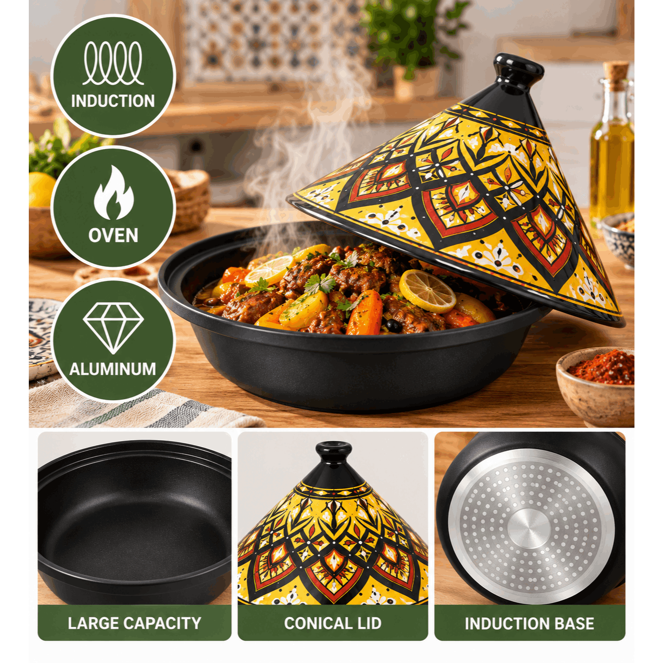Image of Aluminum Tagine Ø30 Cm With Decorative Conical Lid – Yellow And Black Cooking Dish, Suitable For All Stovetops