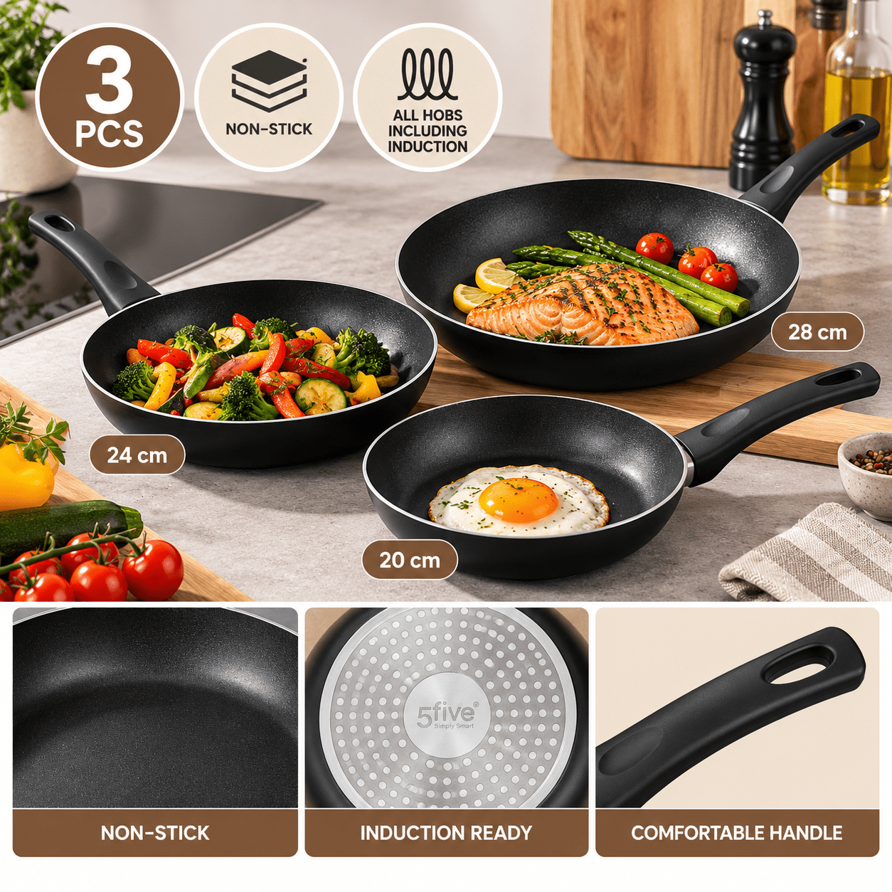 Set Of 3 Aluminum Pans – 20/24/28 Cm – Suitable For All Stovetops Including Induction – Black
