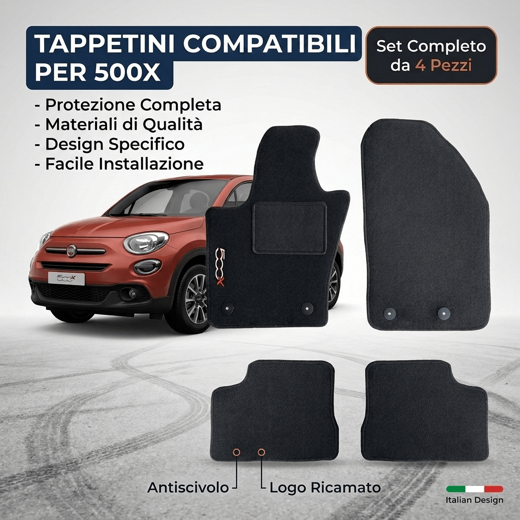 TEMU Tappetini Auto Compatibili con Fiat 500x, in Moquette , Set Completo 4 Pezzi con Battitacco e Bordatura , Antiscivolo con Fissaggio a Strappo