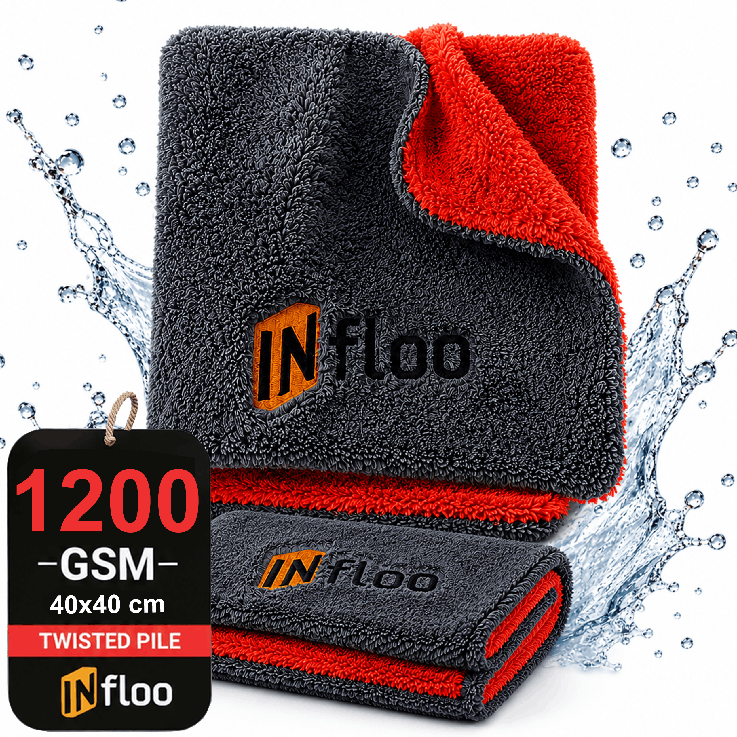 Image of Infloo Car Body Drying Towel, Double-sided, 40x40cm, 1200 Gsm, Thick, Water Absorption, Plush Microfiber For Detailing, Wiping, No Or Scratches