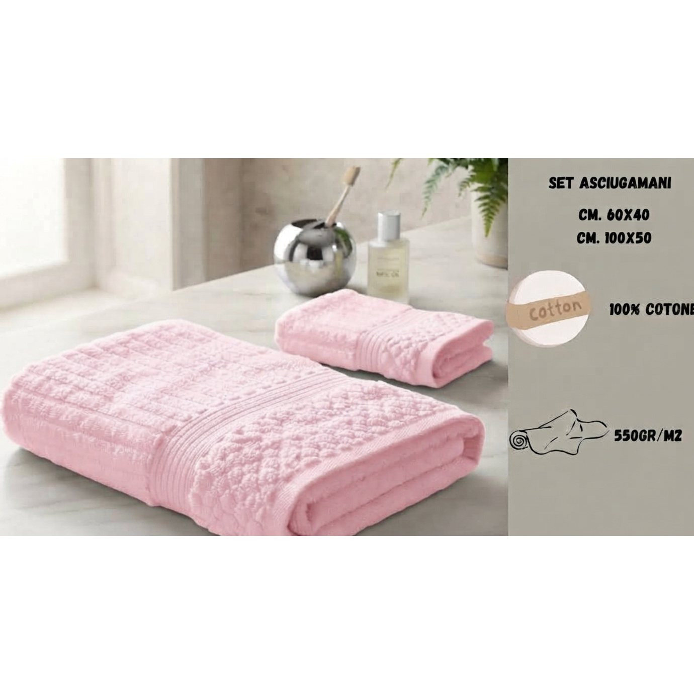 TEMU Set Asciugamani 2 Pezzi in 100% Puro Cotone 550 GSM - Spugna Jacquard Morbida e Super Assorbente, Misure 40x60 50x100 cm per Bagno