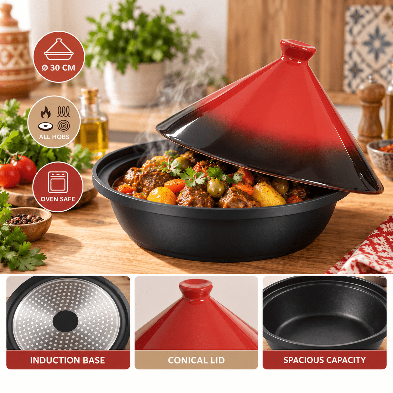Image of Round Cooking Dish With Conical Lid, 30 Cm, Aluminum, All Stovetop Compatible, Red And Black