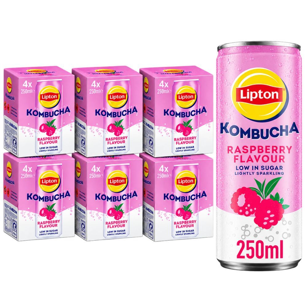 TEMU Lipton Kombucha Raspberry Flavour Multipack 250ml Cans, Pack Of 24 (6x4pk) - Low Sugar & Fizzy