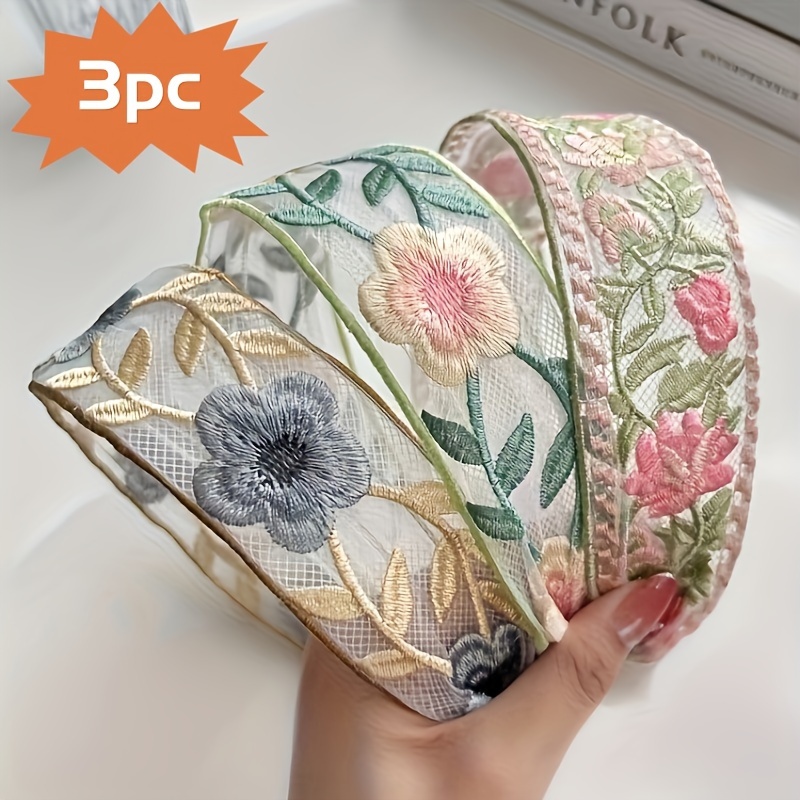 TEMU 3pcs Embroidered Lace Headband, Ethnic Style Embroidered Vintage Headband With Wide Edges And Hair Clip