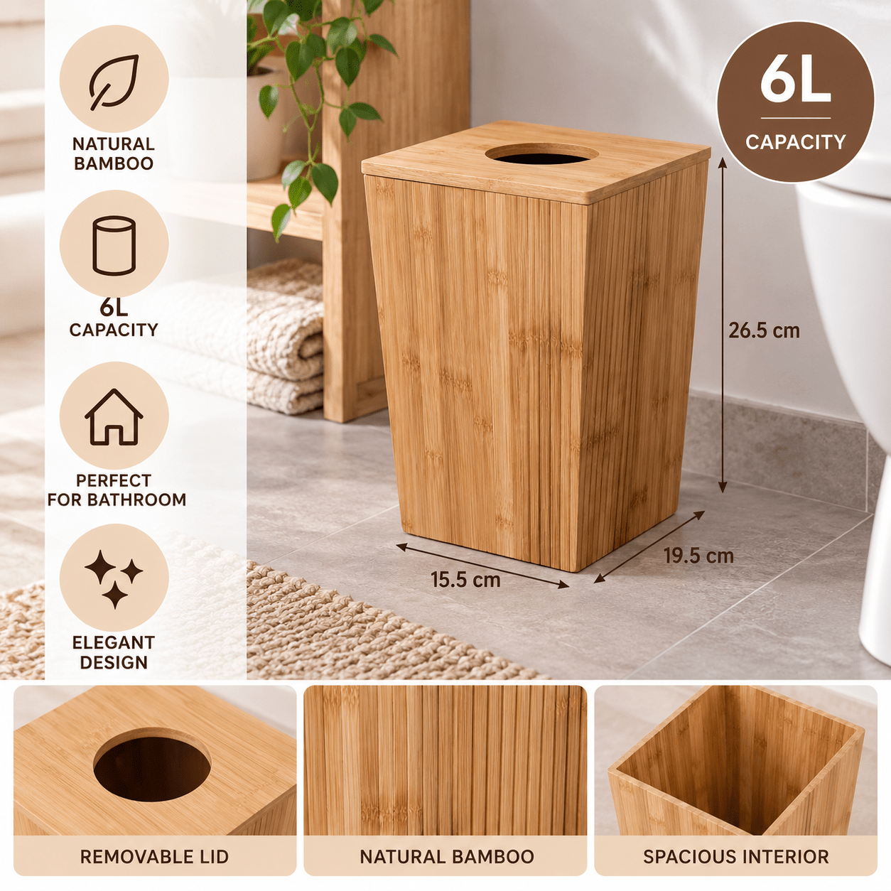 6l Bathroom Bamboo Trash Can With Lid - Compact Beige Basket For Bathroom And Toilets