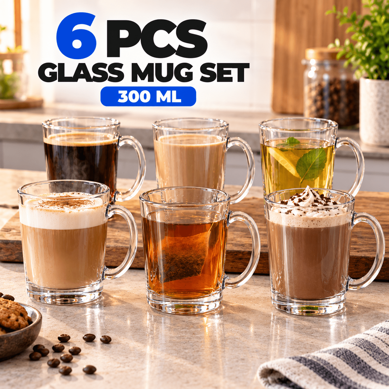 TEMU 6pcs 300ml Glass Mugs | Clear Glass Coffee Cups With Handles | Tea Cups For Drinks | Kitchen Drinkware Set
