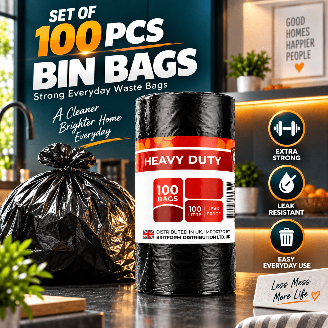 TEMU 2 Rolls/100 Household Trash Bags, Strong & Thicker Leak Proof, 100 , Black, Upgraded Trash Bags Garbage Bags Large Trash Bags Trash Can, Trash