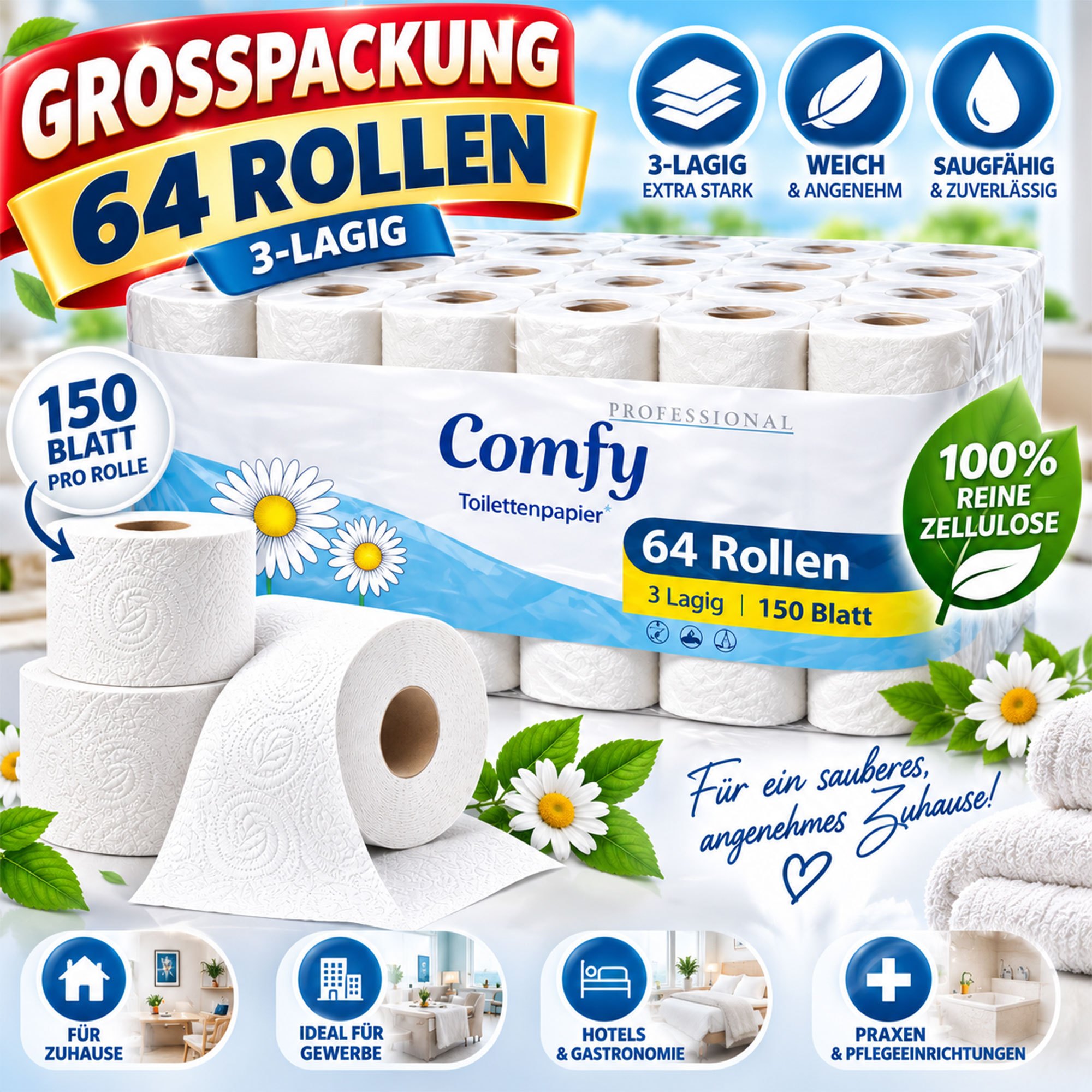 TEMU 3-ply Toilet Paper – 64 Rolls (8 X 8), 150 Sheets Per Roll | Cellulose | Soft & Absorbent | White | Xxl Bulk Pack For Household & Commercial Use