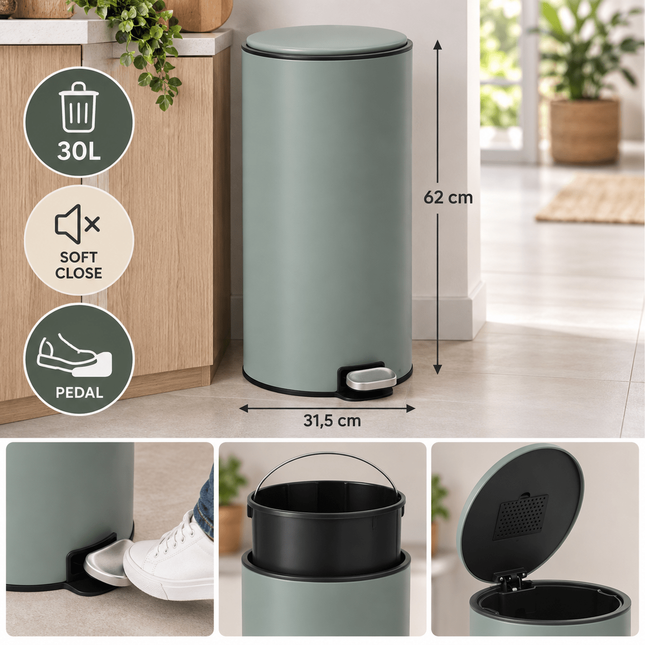 Image of 30l Pedal Metal Trash Can With Soft-close Lid – Removable Inner Bucket – Round Shape – Green