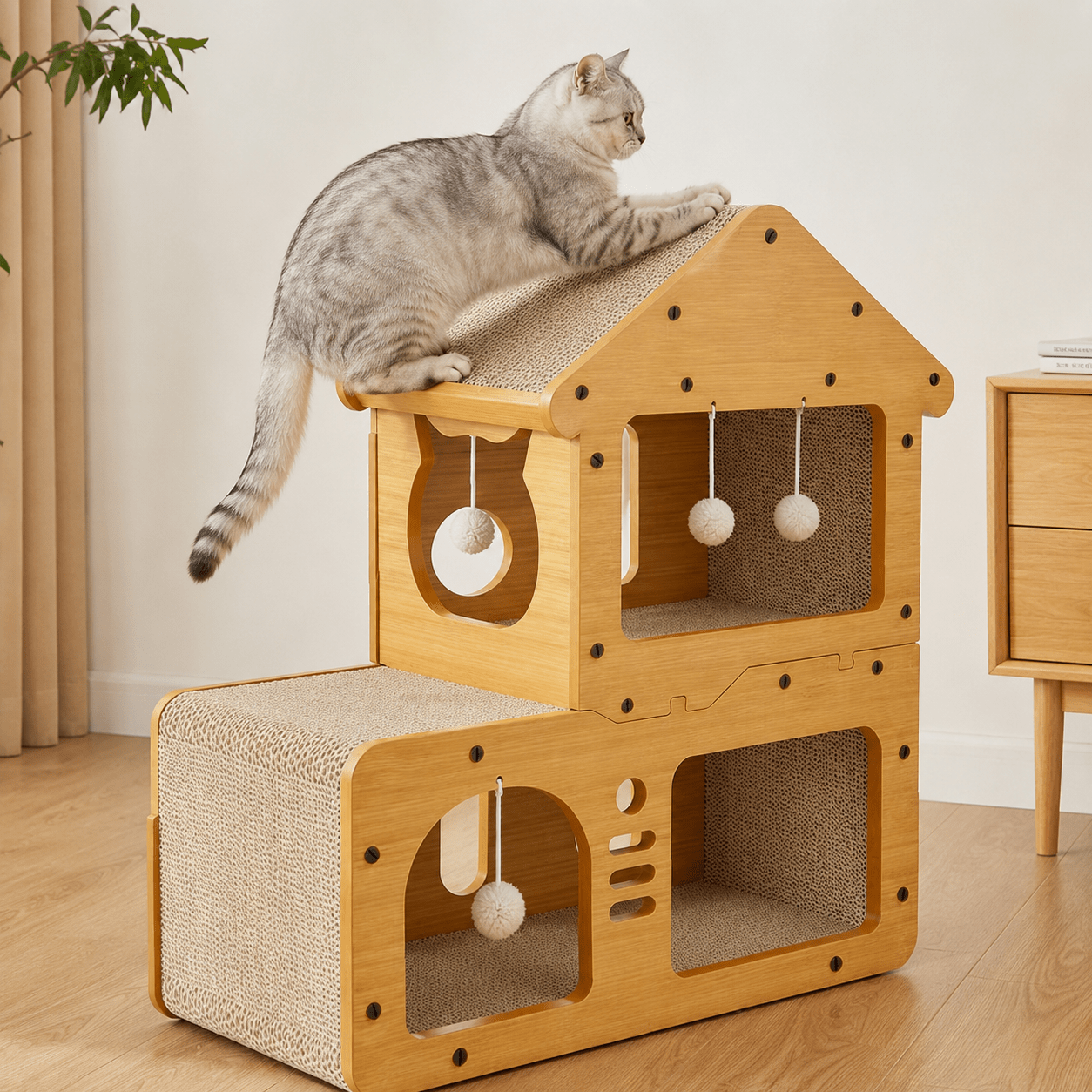 TEMU Casa Rascador para Gatos de 2 Niveles, Rascador de Cartón Corrugado con Caseta y Juguetes Colgantes, Superficie de Rascado Múltiple, de