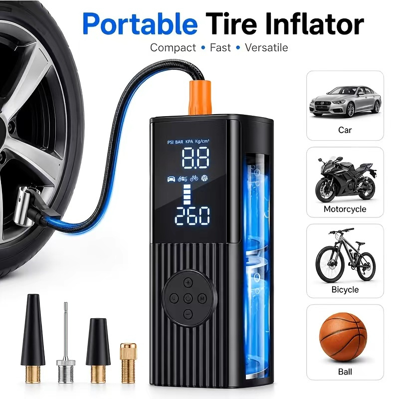 Image of Portable Tire Inflator Air Compressor, 150psi Cordless Electric Bike Pump, Portable Tire Inflator With Lcd Pressure Gauge And Led Light, Ideal For Cars, Bicycles, Motorcycles, And