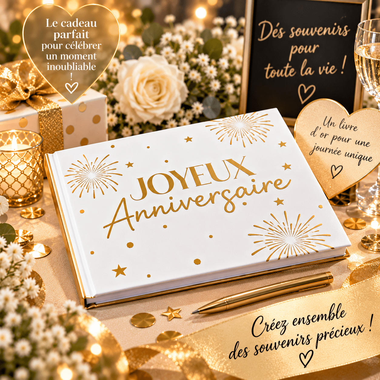 TEMU ’Or Anniversaire Blanc et Doré « Anniversaire » – 21,5 × 16 cm – Livre de Messages et Souvenirs – Décoration Anniversaire 18, 20, 30, 40, 50, 60
