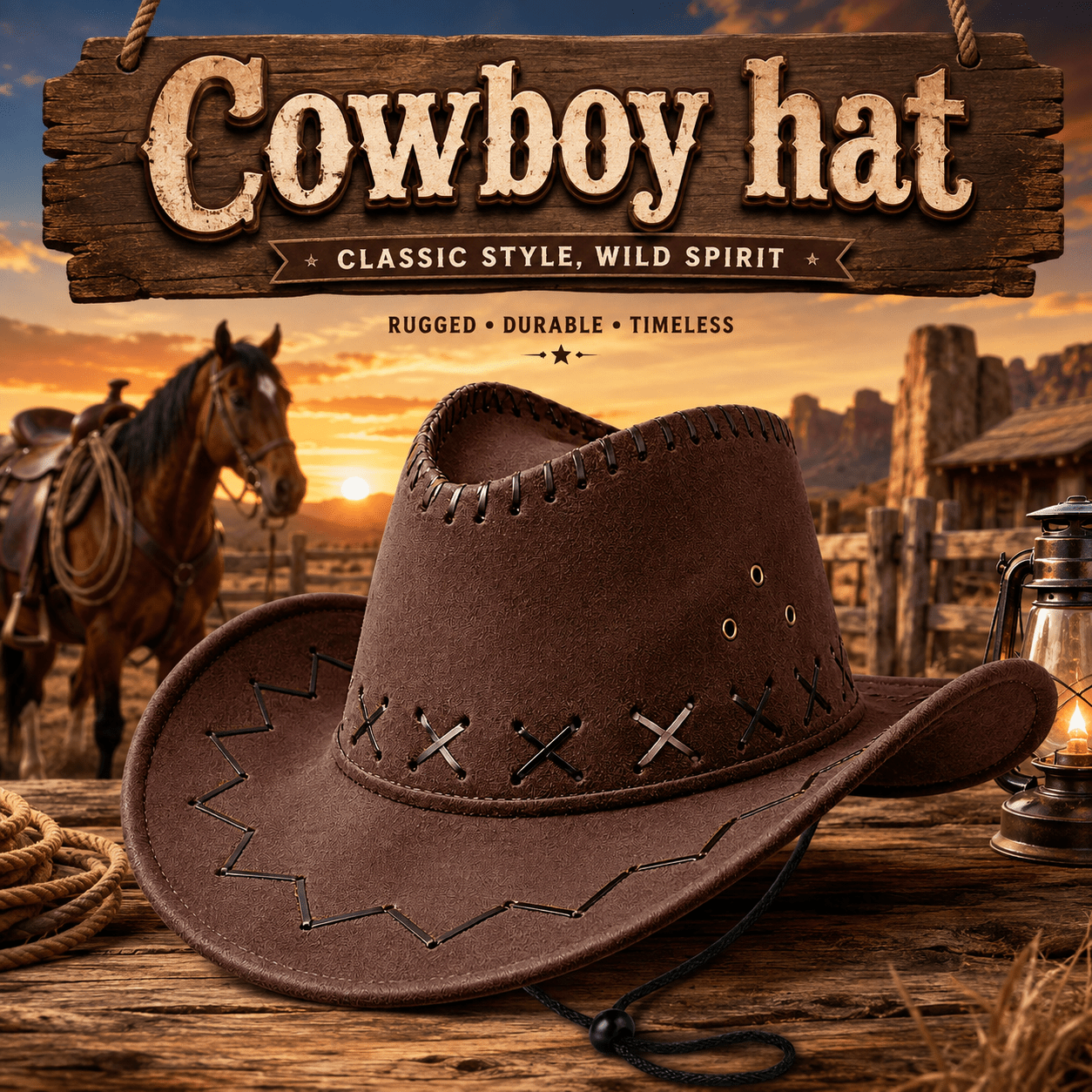 TEMU Leather Look Cowboy Hat For Men And Women Vintage Western Style Cowgirl Unisex Fancy Dress Party Costume Accessory - Uk Seller