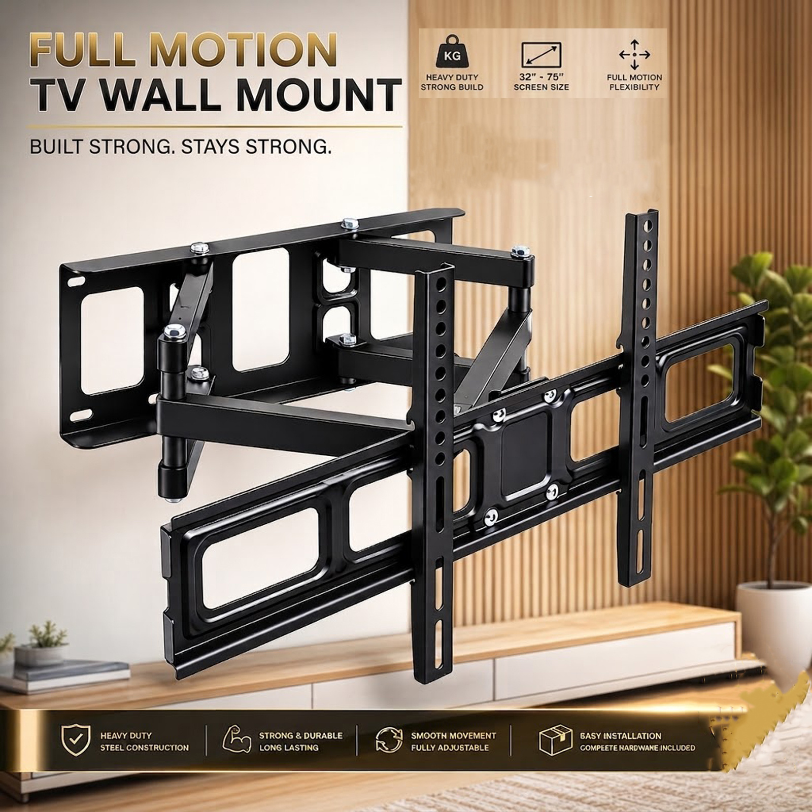 TEMU Atek Tv Wall Mount Bracket Full Motion Tilt & Swivel For 32-70 Inch Screens - Heavy Duty Dual Arm Long Bracket Holder, 50kg Capacity Max Vesa