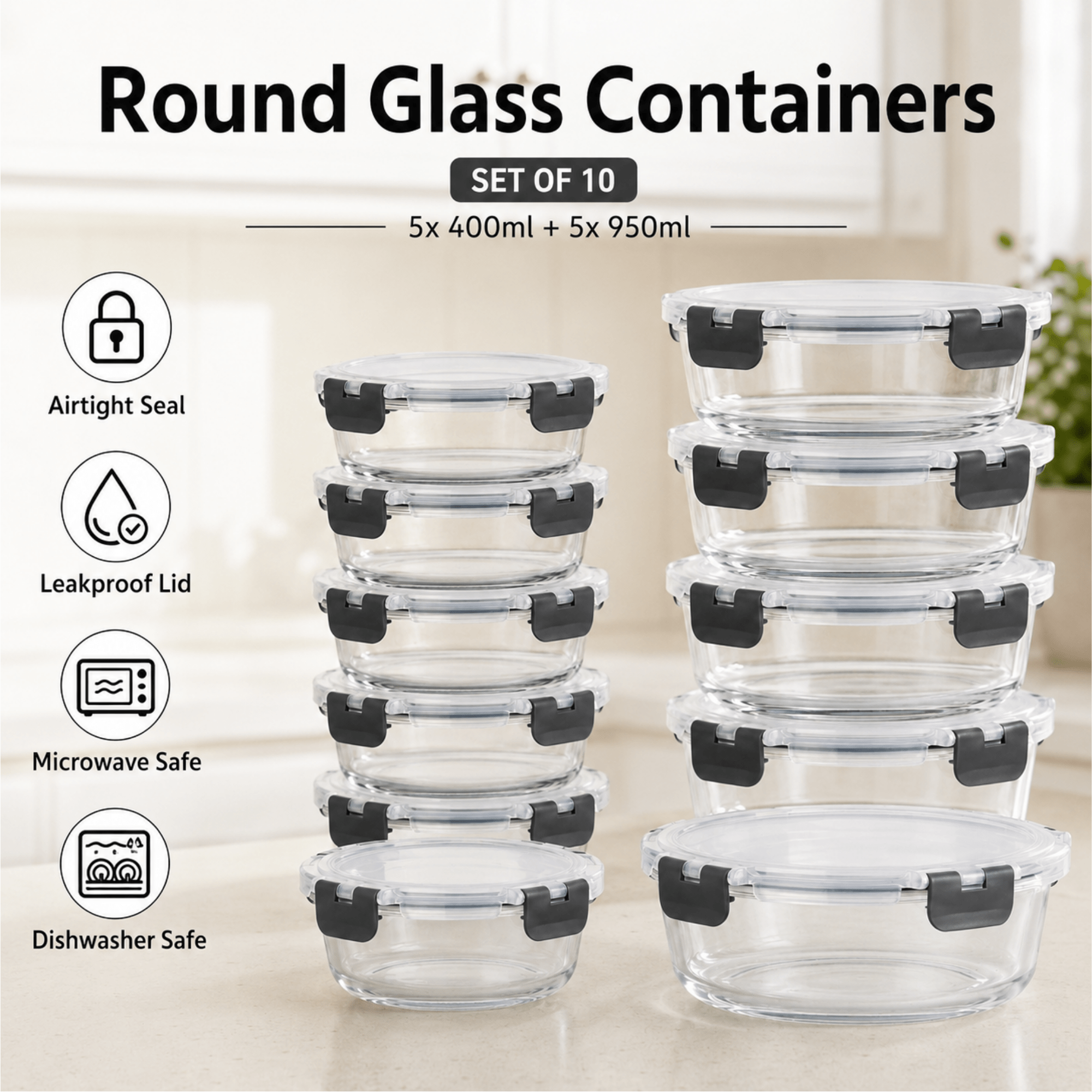 TEMU 10-pack Glass Meal Prep Containers With Airtight Lids – Leakproof Food Storage Set (5×1050ml + 5×370ml) – Oven, Microwave, Freezer & Dishwasher