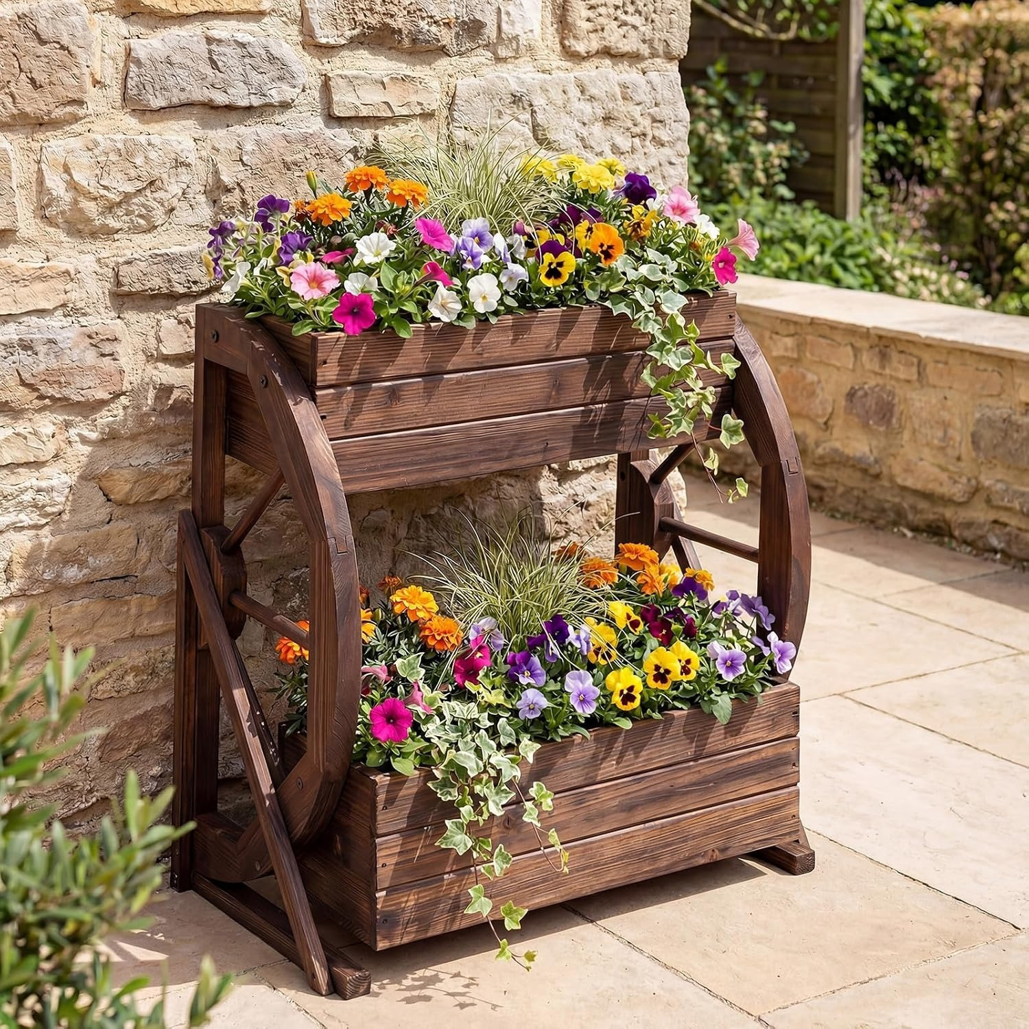 Image of Planter Box, 2 Tier Rustic Raised Garden Bed With Drainage Holes For Vegetables, Herbs And Flowers