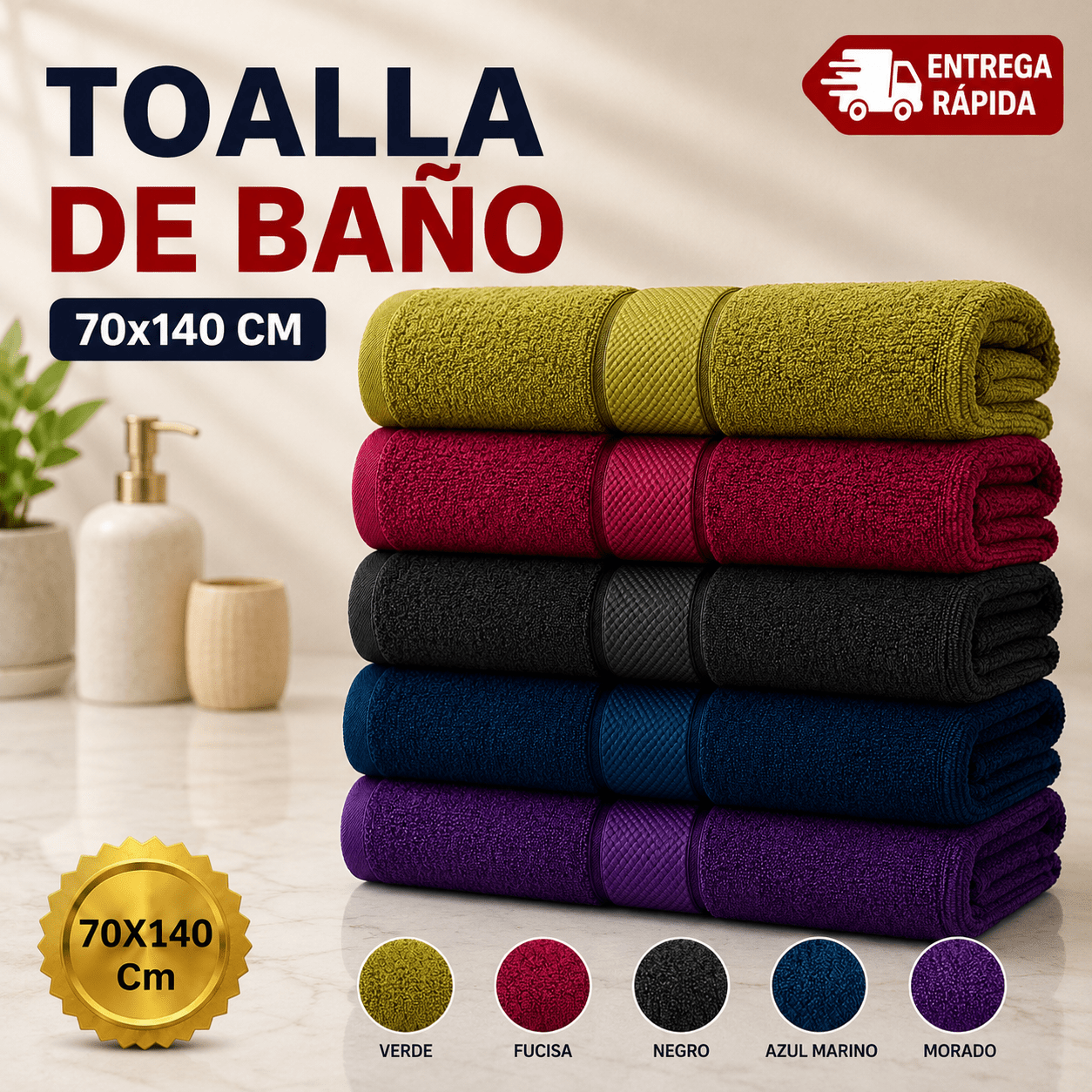 TEMU Toalla de Ducha 70 x 140 cm, Algodón y Poliéster – Toalla de Baño de , Absorbente y Resistente, Color Liso, Secado Rápido para Uso Diario