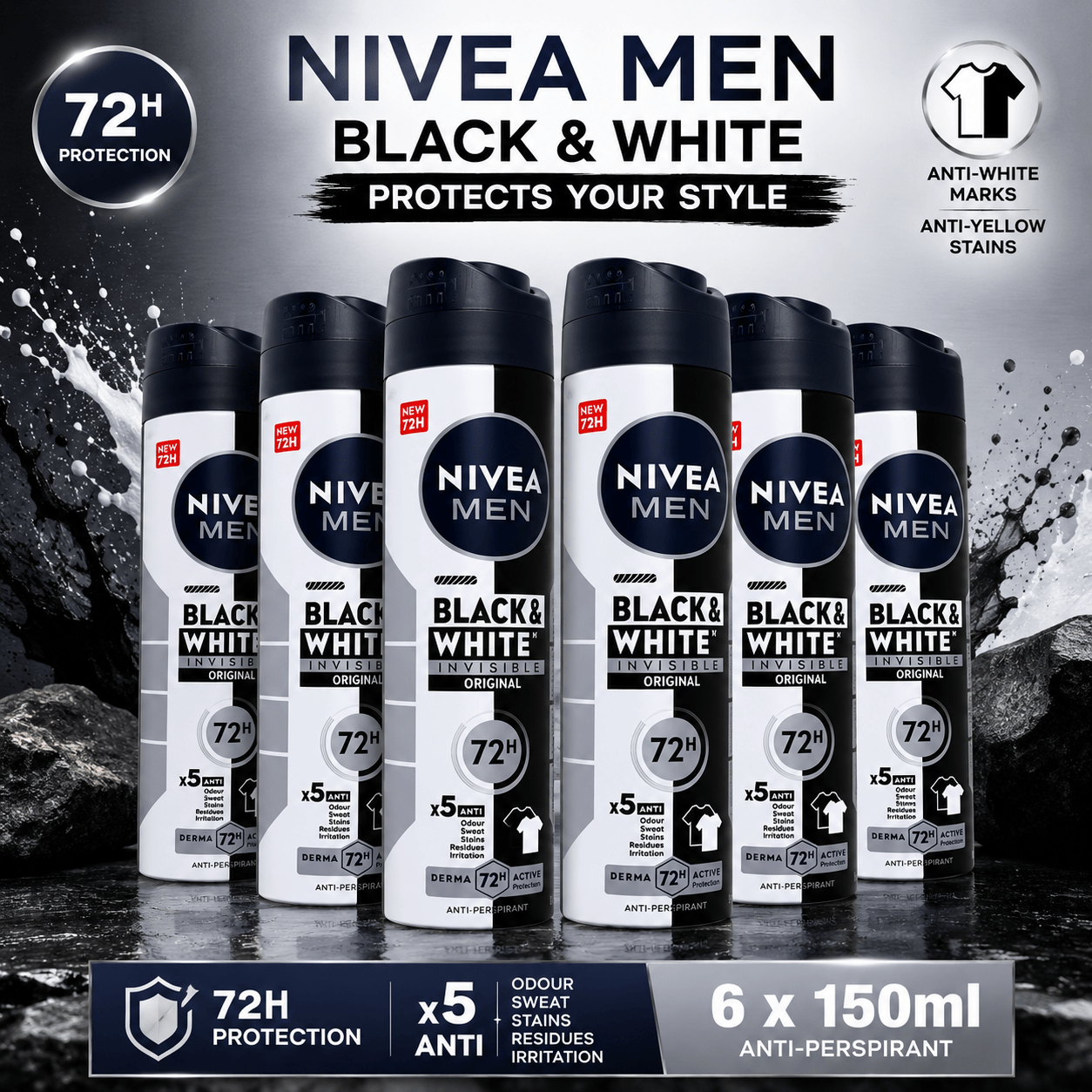 TEMU Nivea Men Invisible Black & White Original Anti-perspirant Spray (6 X 150ml)