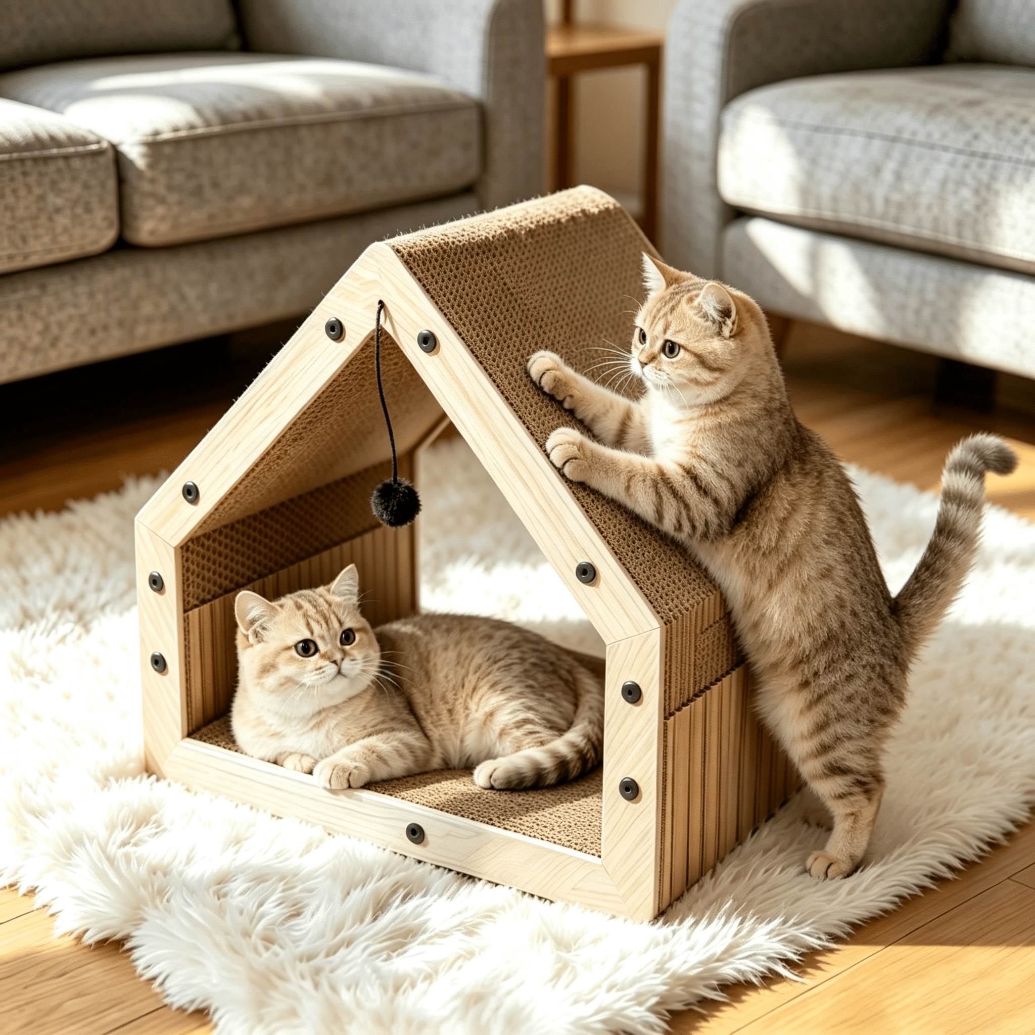 TEMU ® Kratzpappe für Katzen Groß XXL mit Ball, Hausform Kratzbretter Katze, Betten, Decken & Möbel für Katzen aus hochwertiger Pappe, 40x30x40cm