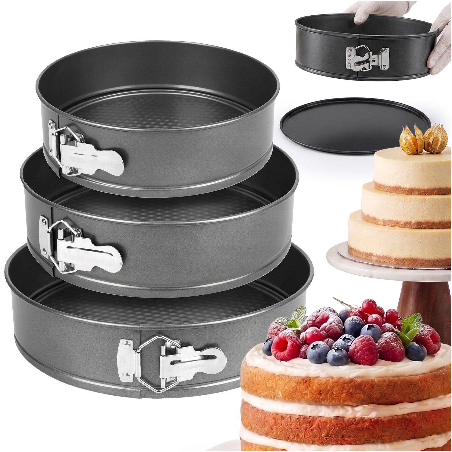 TEMU Set Of 3 Round Cake Pans With Removable Bottom, 24 Cm, , 28 Cm Diameters, Perfect For Baking Cakes, Tarts, And Cheesecakes, Made Of Durable