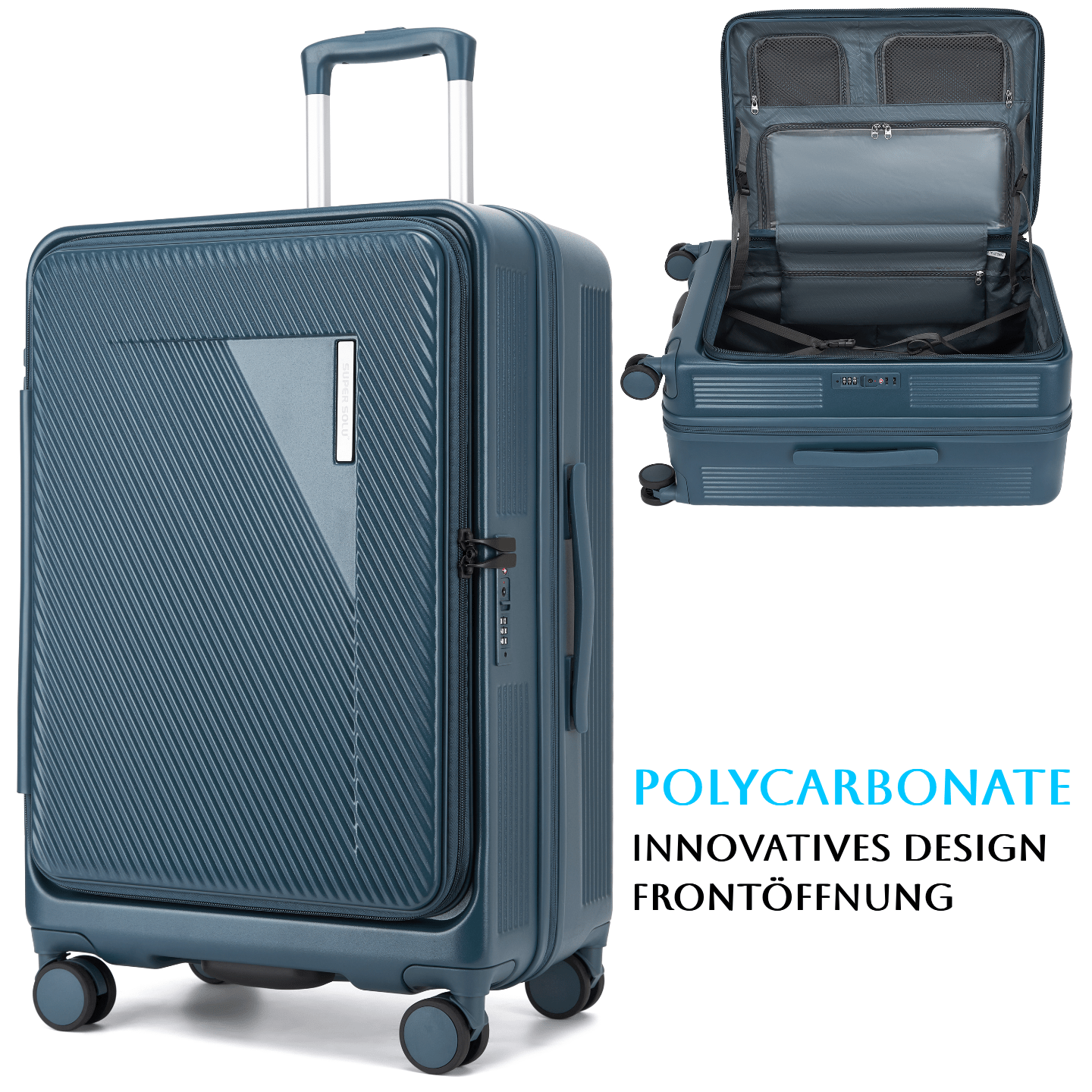 Image of Super Expandable Hardshell Trolley Suitcase With Front Opening, 100% Pc Hardshell Case, 4 Wheels, 360° Dual Spinner Wheels, Shockproof Suitcase With Tsa, Black/red/blue