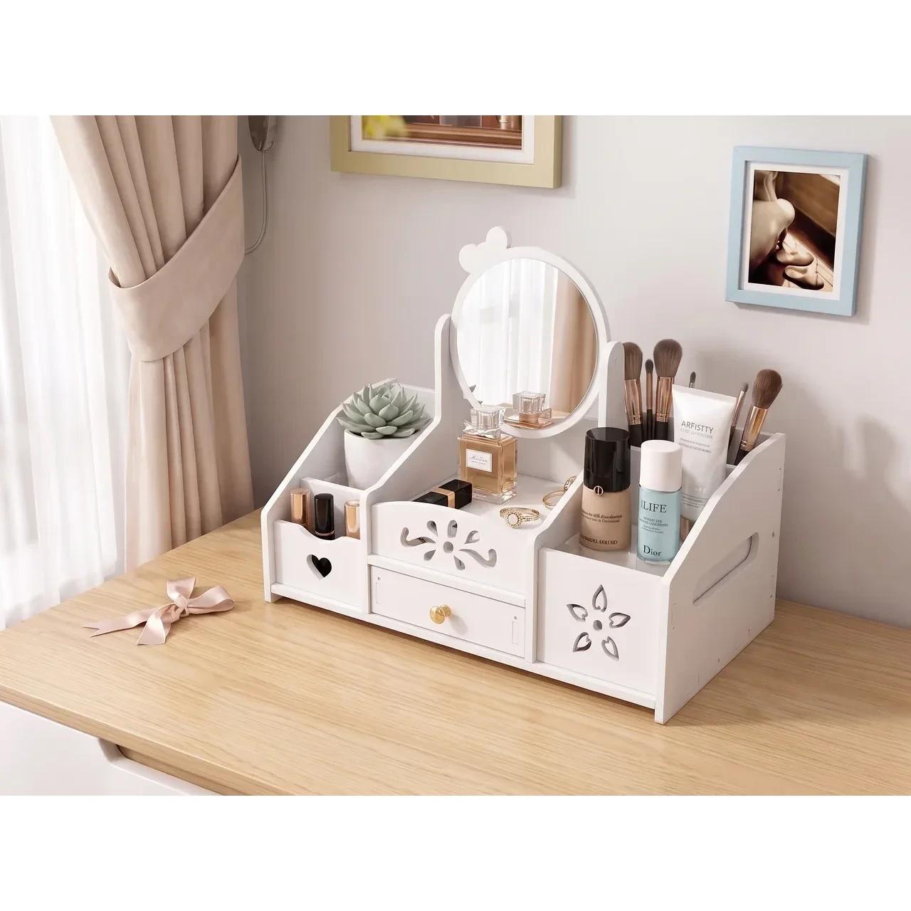 TEMU Organizer Porta Trucchi con Specchio e 1 Cassetti �� Mobiletto da Tavolo Salvaspazio per Cosmetici, Gioielli e Accessori Beauty