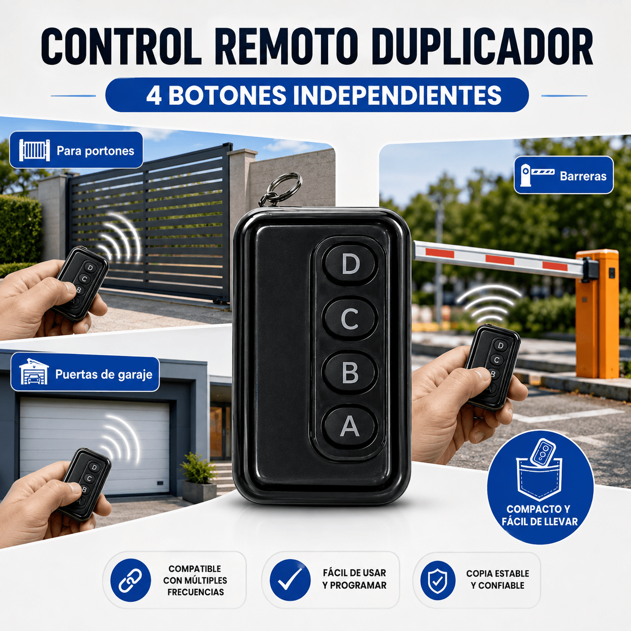 TEMU Mando a Distancia 433 MHz de 4 Botones, Mando de Garaje Multifunción con Llavero, Rápida para Puertas, Garajes, Parking y Sistemas de Acceso
